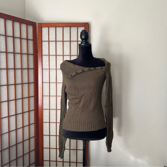 Olive Green Asymmetrical Turtleneck Sweater - Picture 1 of 16